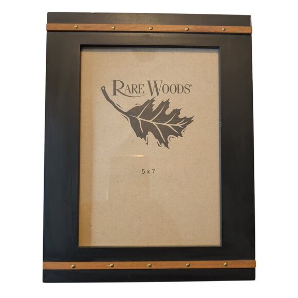 Vintage 1997 Rare Woods Wood Inlay Riveted Photo Frame Dark Brown Tan 5 X 7 - Picture 1 of 4